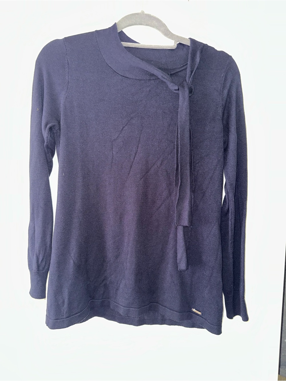 Calvin Klein Dark Navy Ribbed Knit Top with Tie Neck